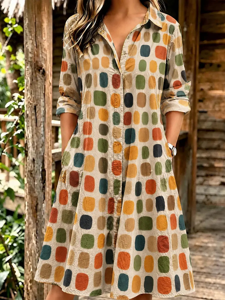 Women's Retro Geometric Art Print Long Sleeve Midi Shirt Dress