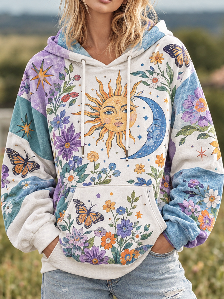 Women's Patchwork Sun, Moon, Star, Butterfly & Floral Print Hoodie