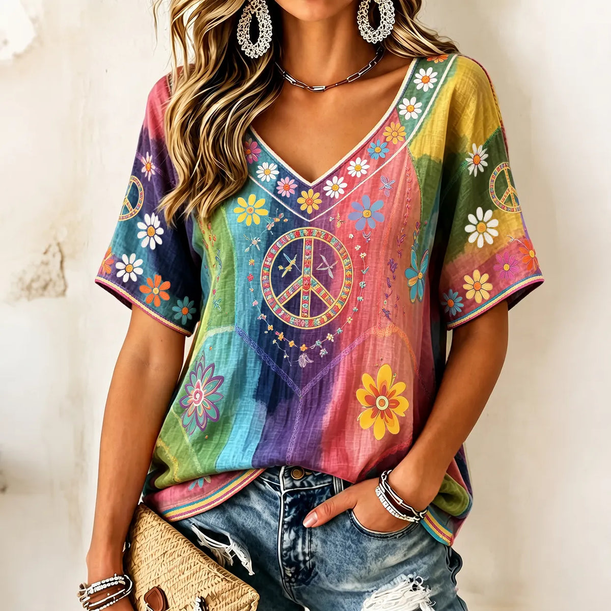 Women's Hippie Floral Peace Sign Contrast Patchwork Print Short Sleeves Linen T-shirt