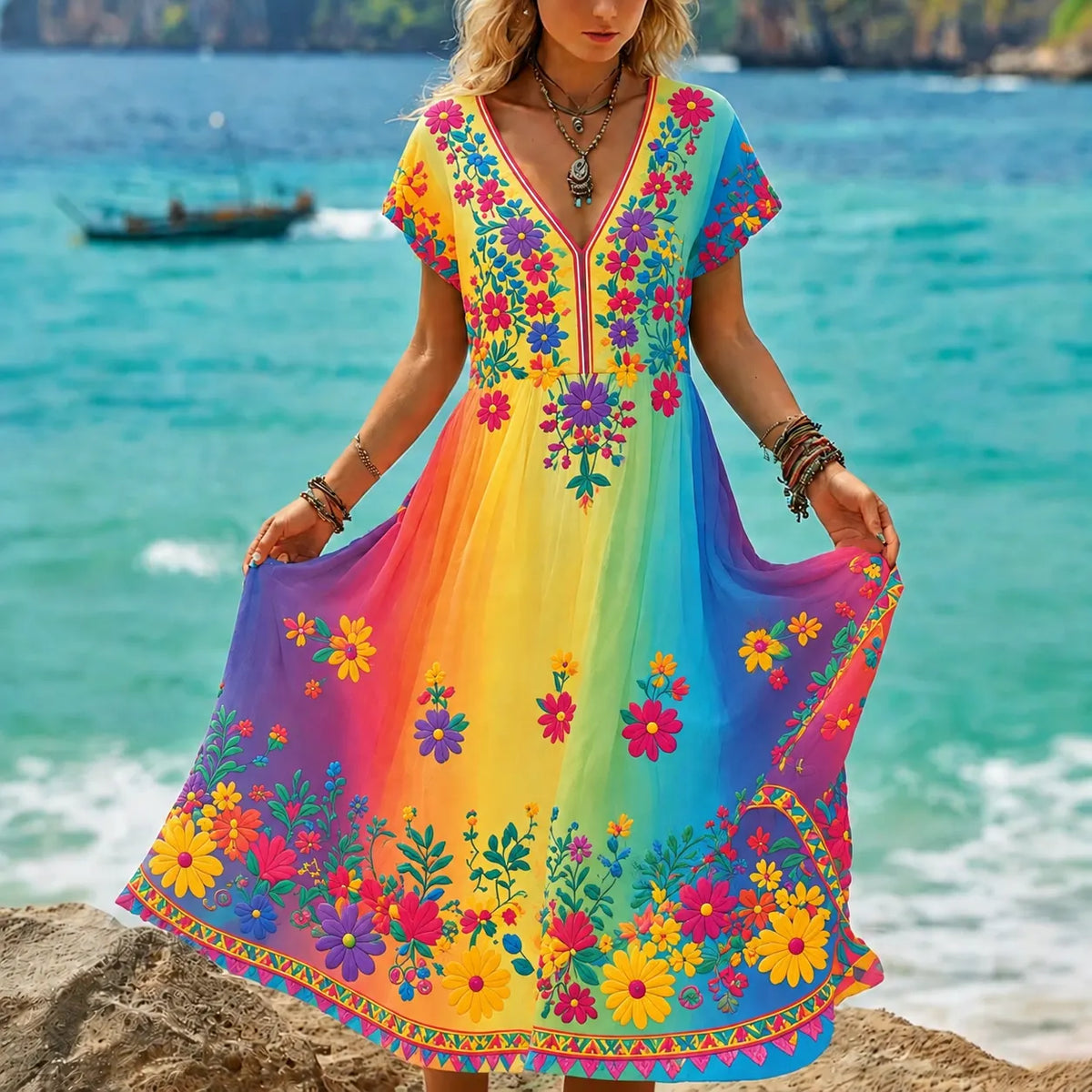 Women's Retro Hippie Style Floral Print Linen V-neck Short Sleeve Long Dress