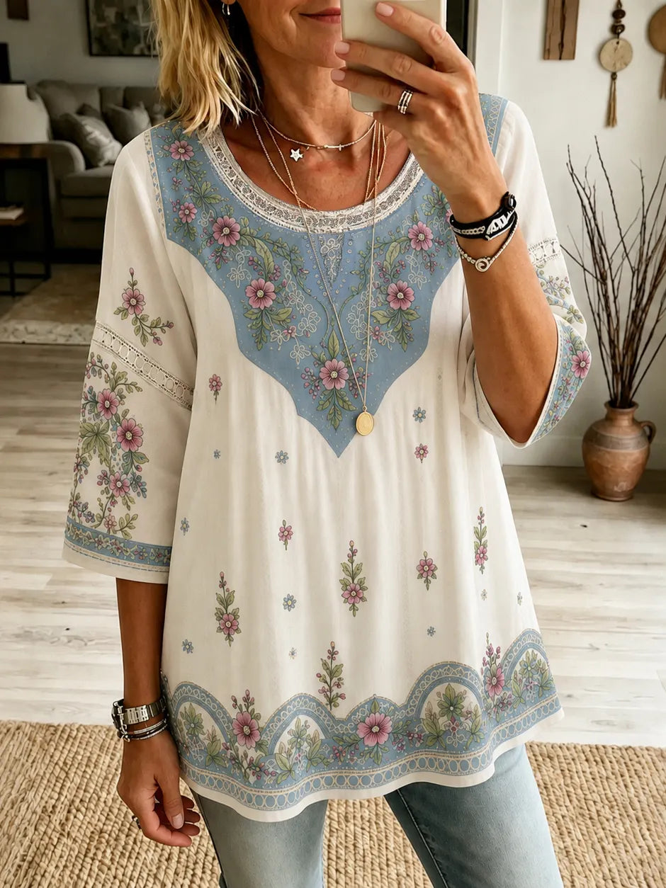 Women's Vintage Boho Floral Art Crew Neck Linen Blend T-shirt