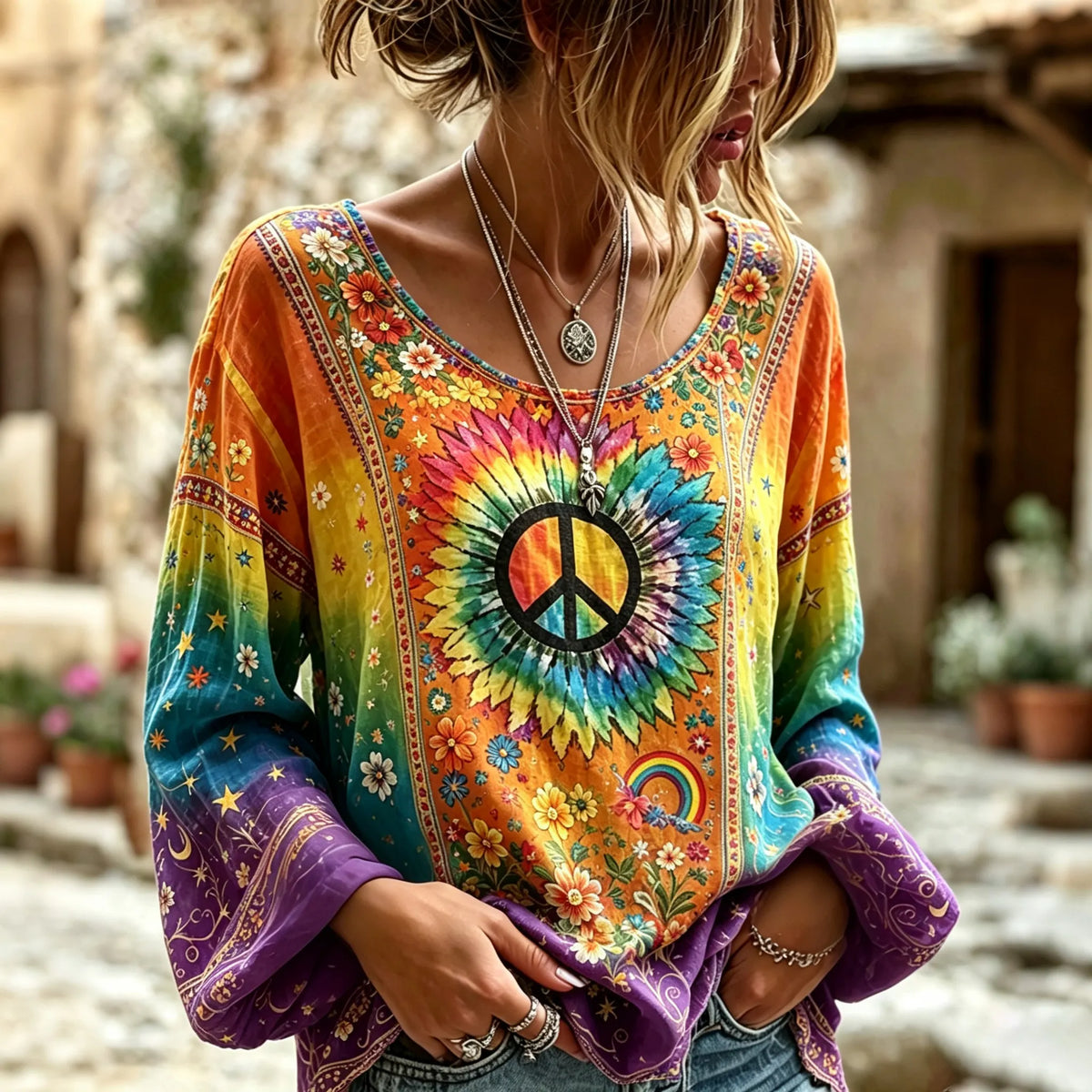 Women's Retro Hippie Floral Art Flowy Linen Blend Tops