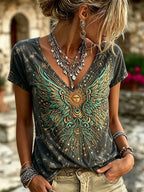 Women's Vintage Hippie Washed Sun Wing 3d Embroidery V Neck T-shirt