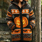 Women's Halloween Bat Pumpkin Skull Print Hooded Cardigan Sweater