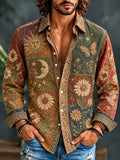 Men's Hippie Celestial Elements Butterfly Mixed Floral Print Long Sleeve Shirt