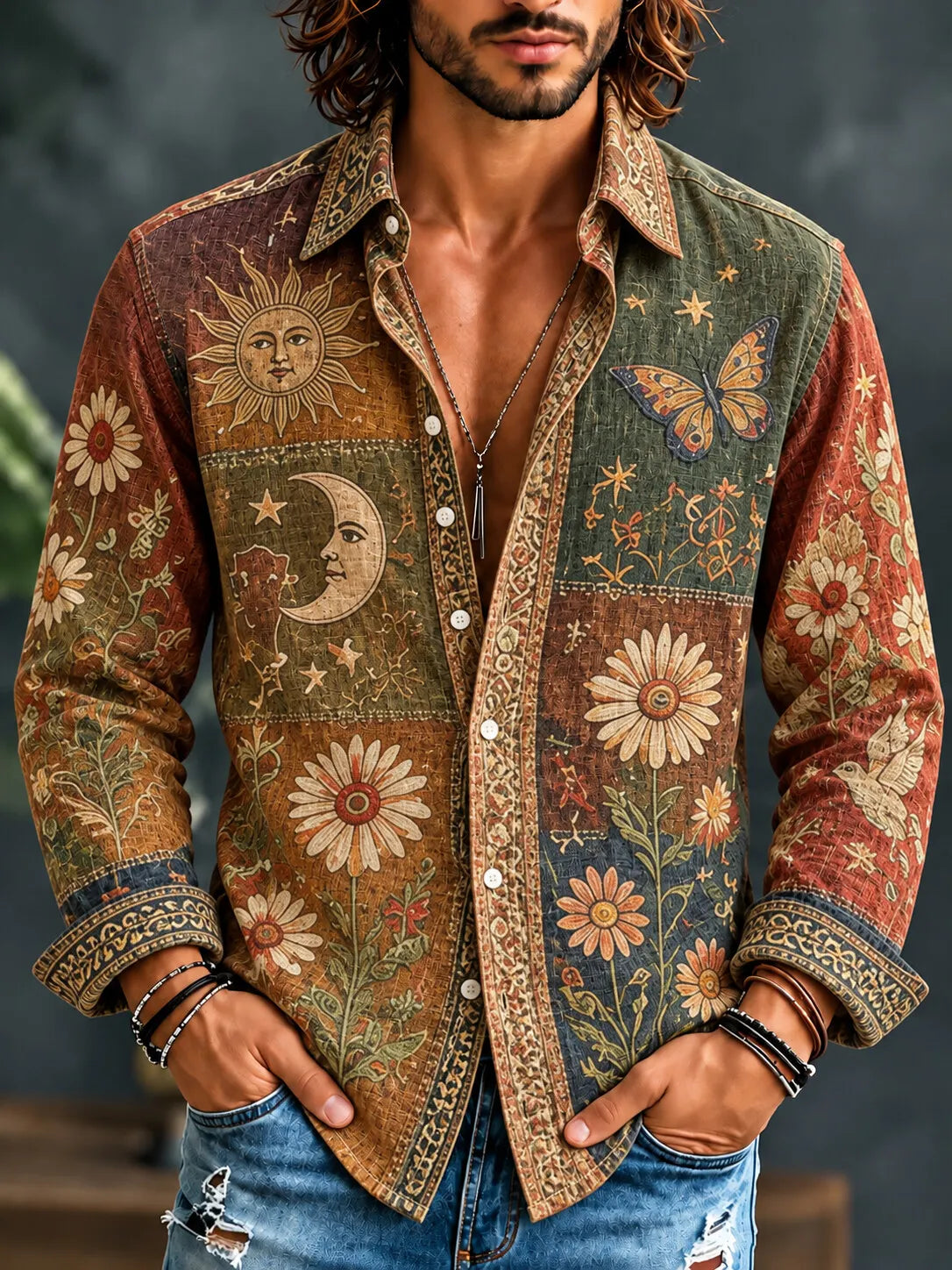 Men's Hippie Celestial Elements Butterfly Mixed Floral Print Long Sleeve Shirt