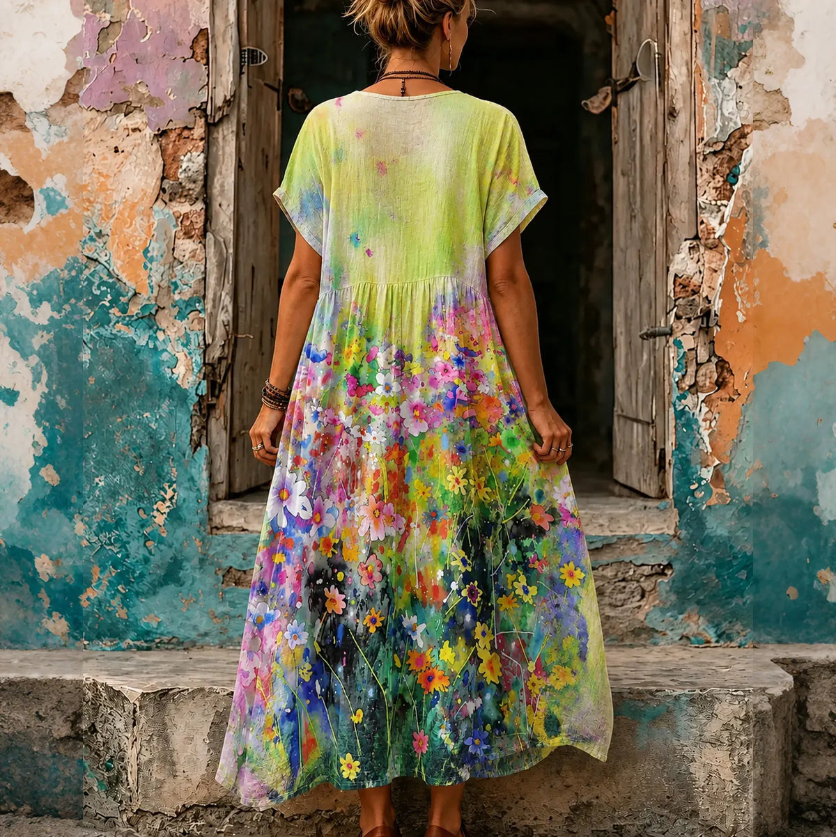 Women's Retro Floral Art Print Linen V-neck Short Sleeve Long Dress