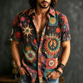 Men's Psychedelic Cosmic Star Peace Sign Print Short Sleeve Buttons Shirt