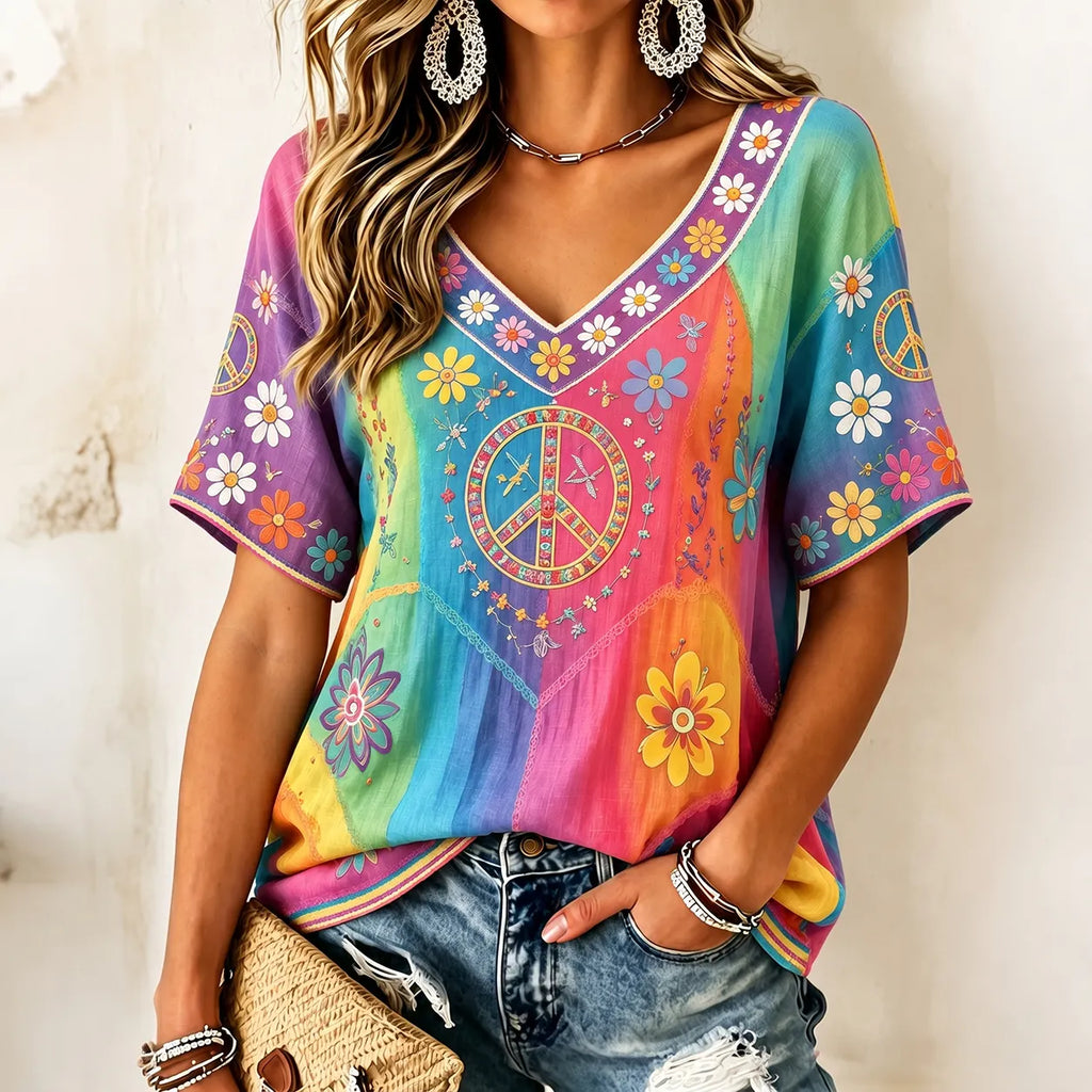 Women's Hippie Floral Peace Sign Contrast Patchwork Print Short Sleeves Linen T-shirt