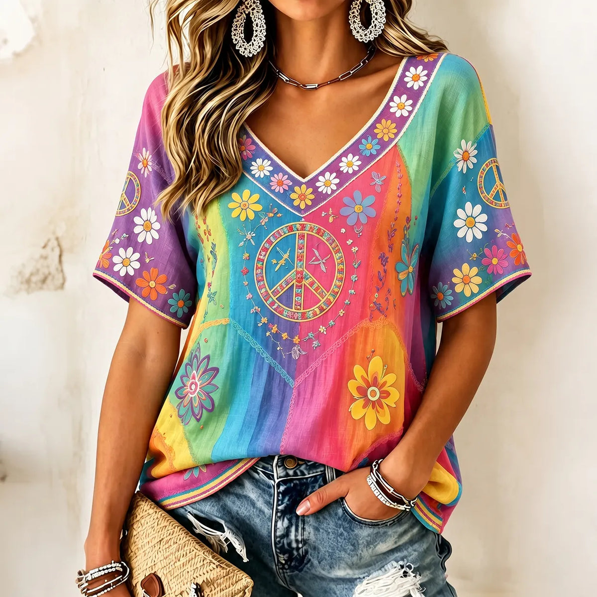 Women's Hippie Floral Peace Sign Contrast Patchwork Print Short Sleeves Linen T-shirt