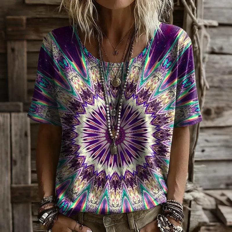 Women's Retro Tie Dye Geometric Art Print Crew Neck Short Sleeve Casual T-shirt