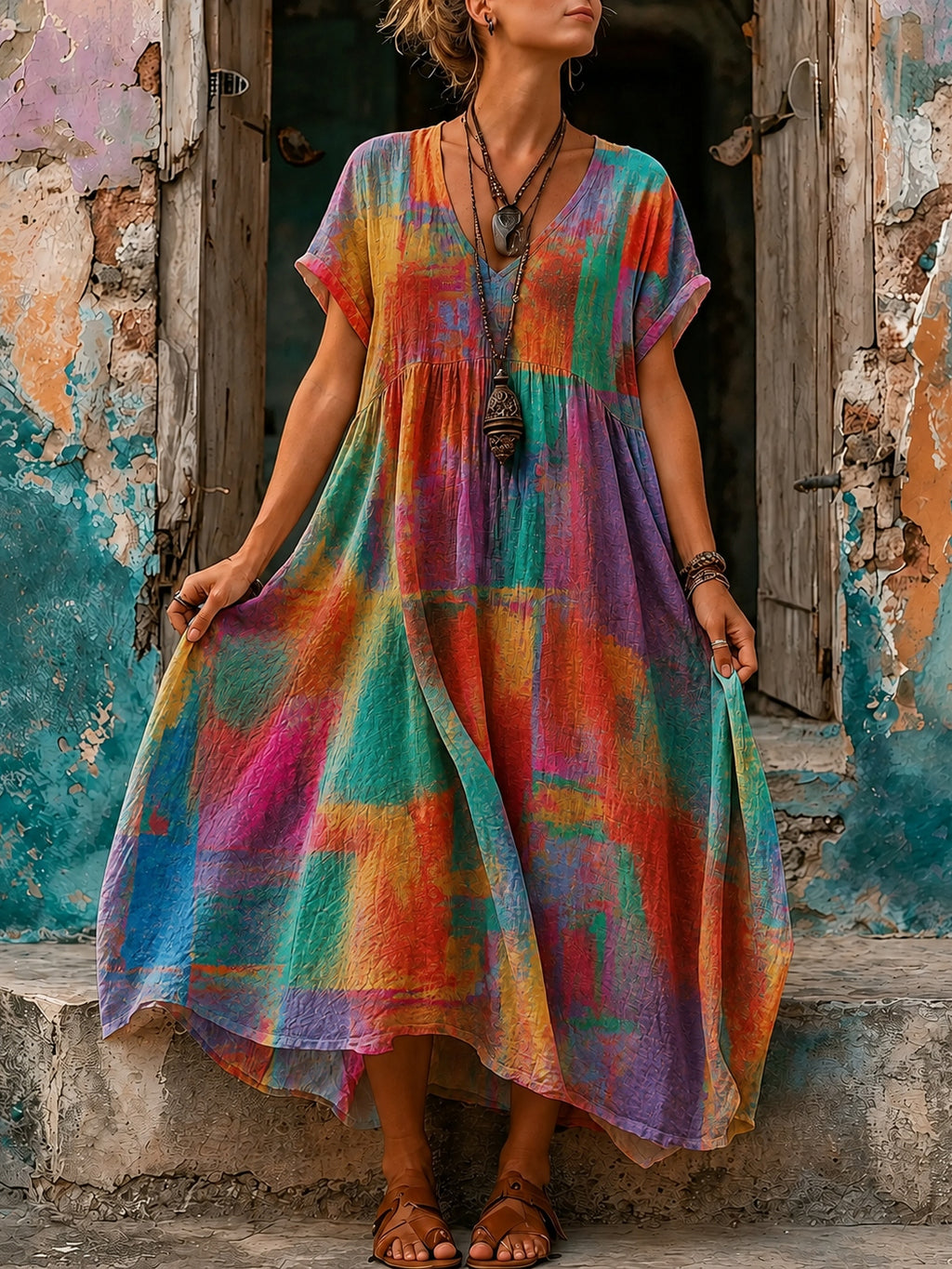 Women's Retro Multicolor Block Art Print Linen V-neck Short Sleeve Long Dress