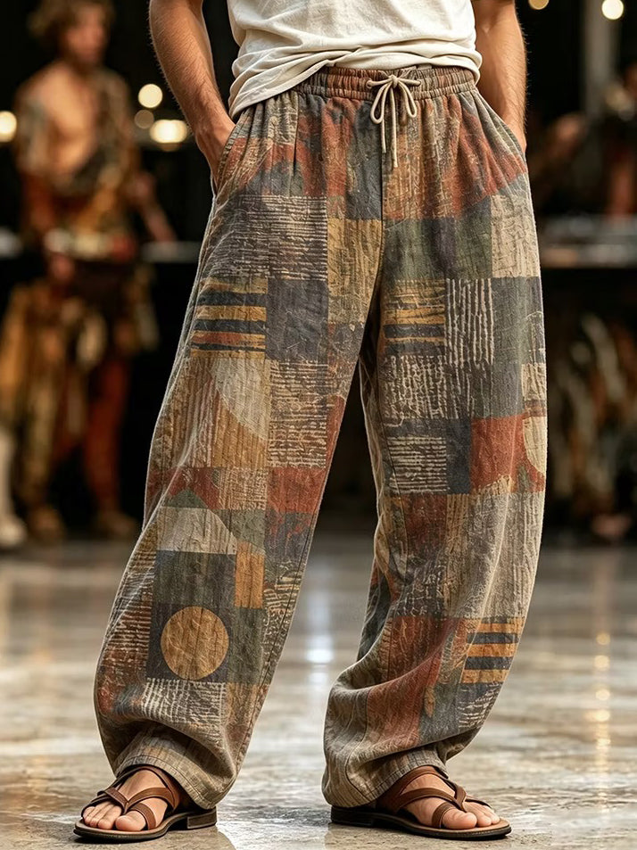 Men's Irregular Mosaic Of Earth Graphic Shapes Print Pants