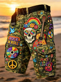 Men's Hippie Skull With Rainbow Sunglasses And Colorful Guitar Print Cargo Shorts