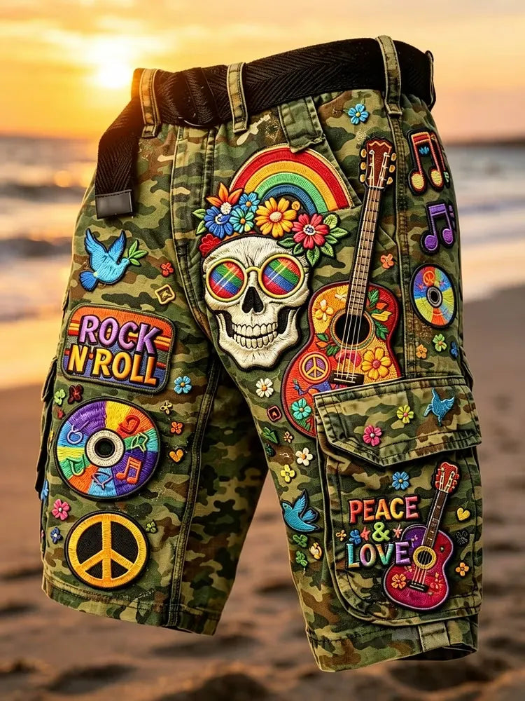 Men's Hippie Skull With Rainbow Sunglasses And Colorful Guitar Print Cargo Shorts