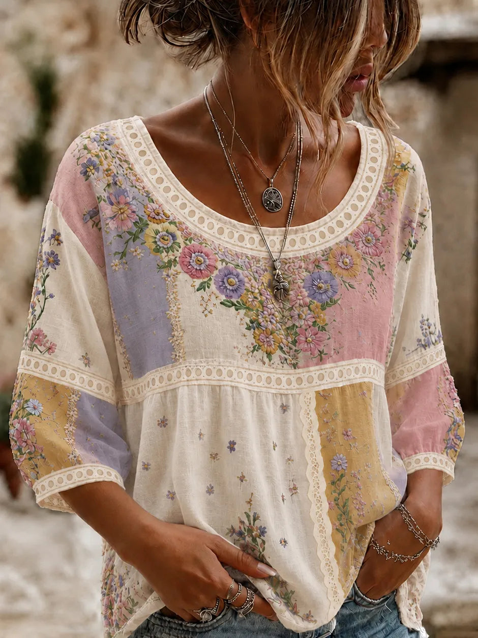 Women's Vintage Boho Floral Embroidered Patchwork Art Crew Neck Linen Blend T-shirt
