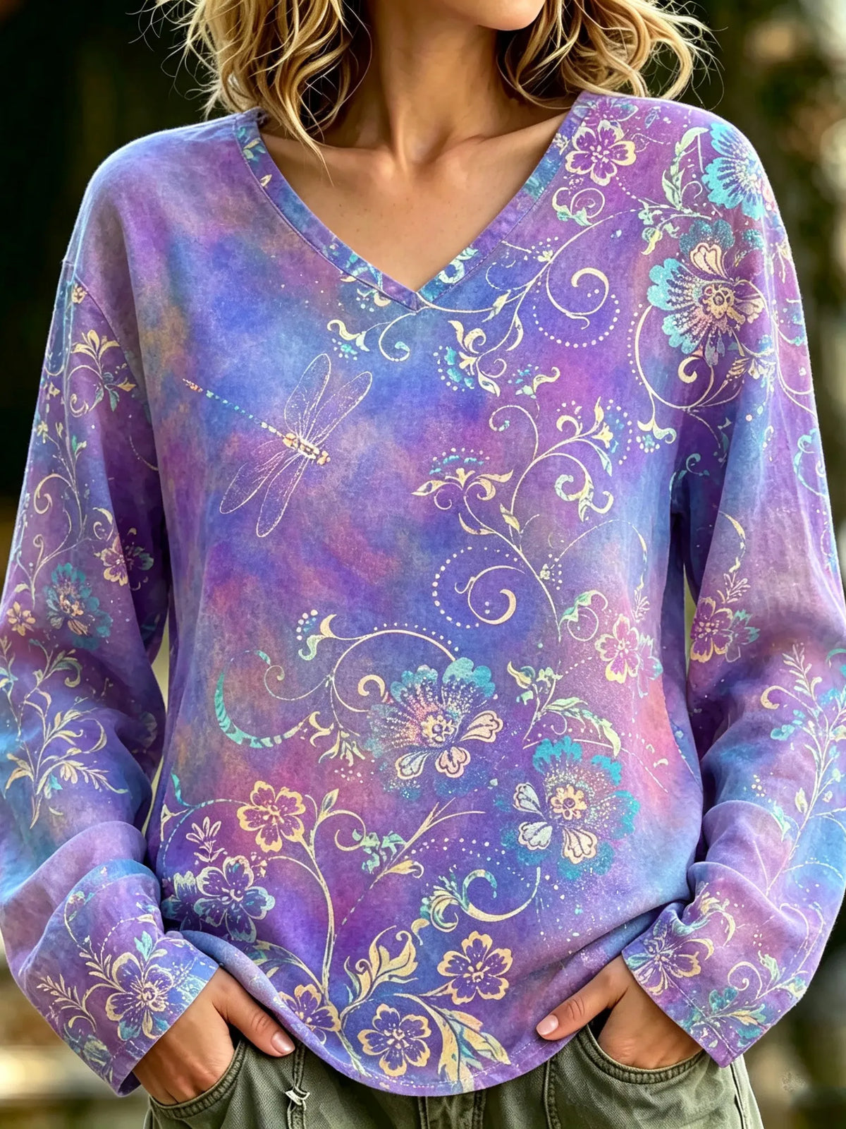Women's Retro Gradient Floral Dragonfly Print Casual Linen Long-sleeve T-shirt