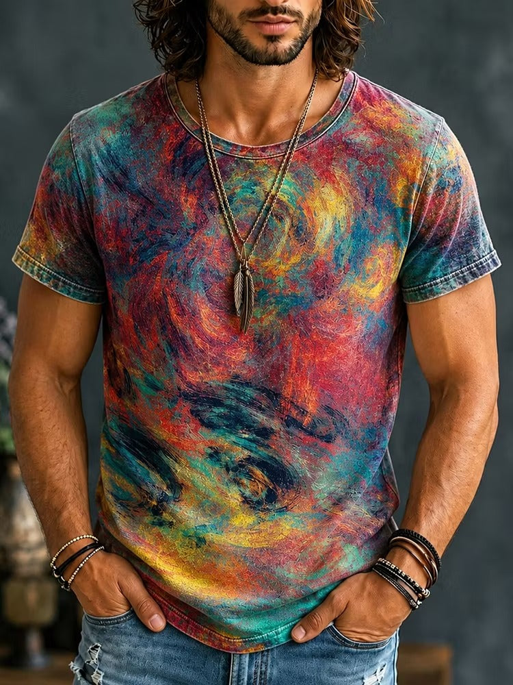 Men's Colorful Whirls Print Crew Neck Short Sleeve T-Shirt