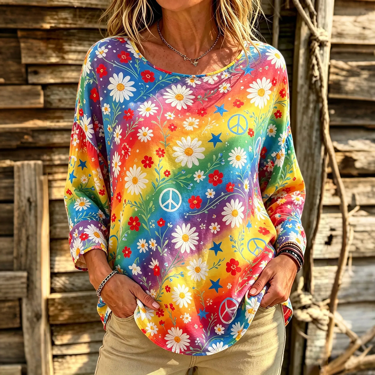 Women's Retro Rainbow Hippie Peace Floral Print Crew Neck Long Sleeve T-shirt