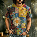 Men's Paisley Tie Dye Daisy Peace Sign Print Crew Neck Short Sleeve T-Shirt