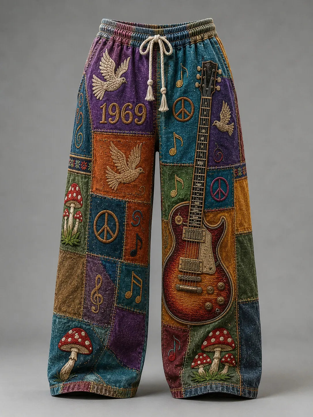 Men's Hippie Patchwork Dove Peace Sign Guitar Mushroom Note Print Pants