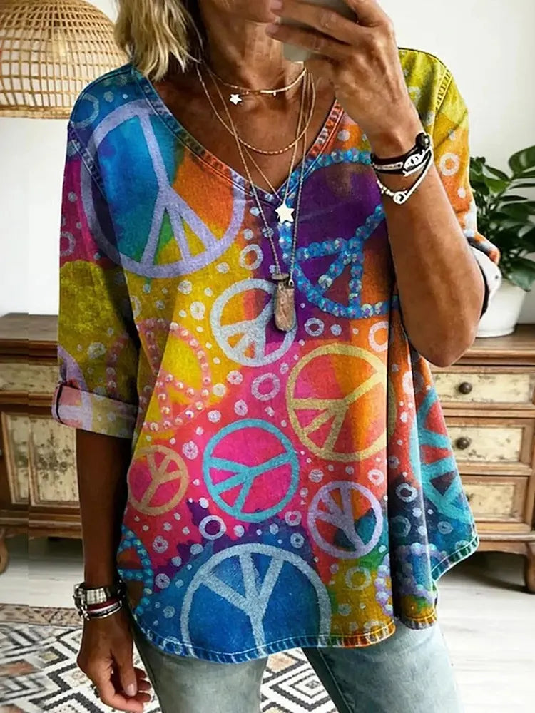 Women's Retro Hippie Peace Color Gradient V-neck Linen Blend T-shirt