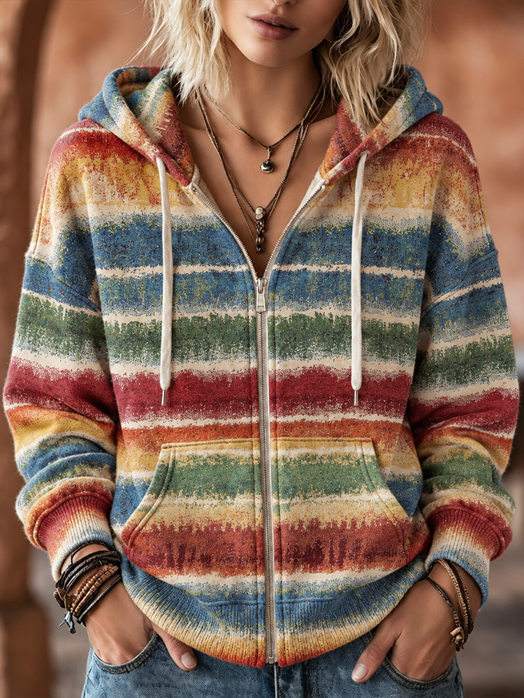 Women's Vintage Colorful Geometric Stripe Art Print Casual Zip-up Hoodie
