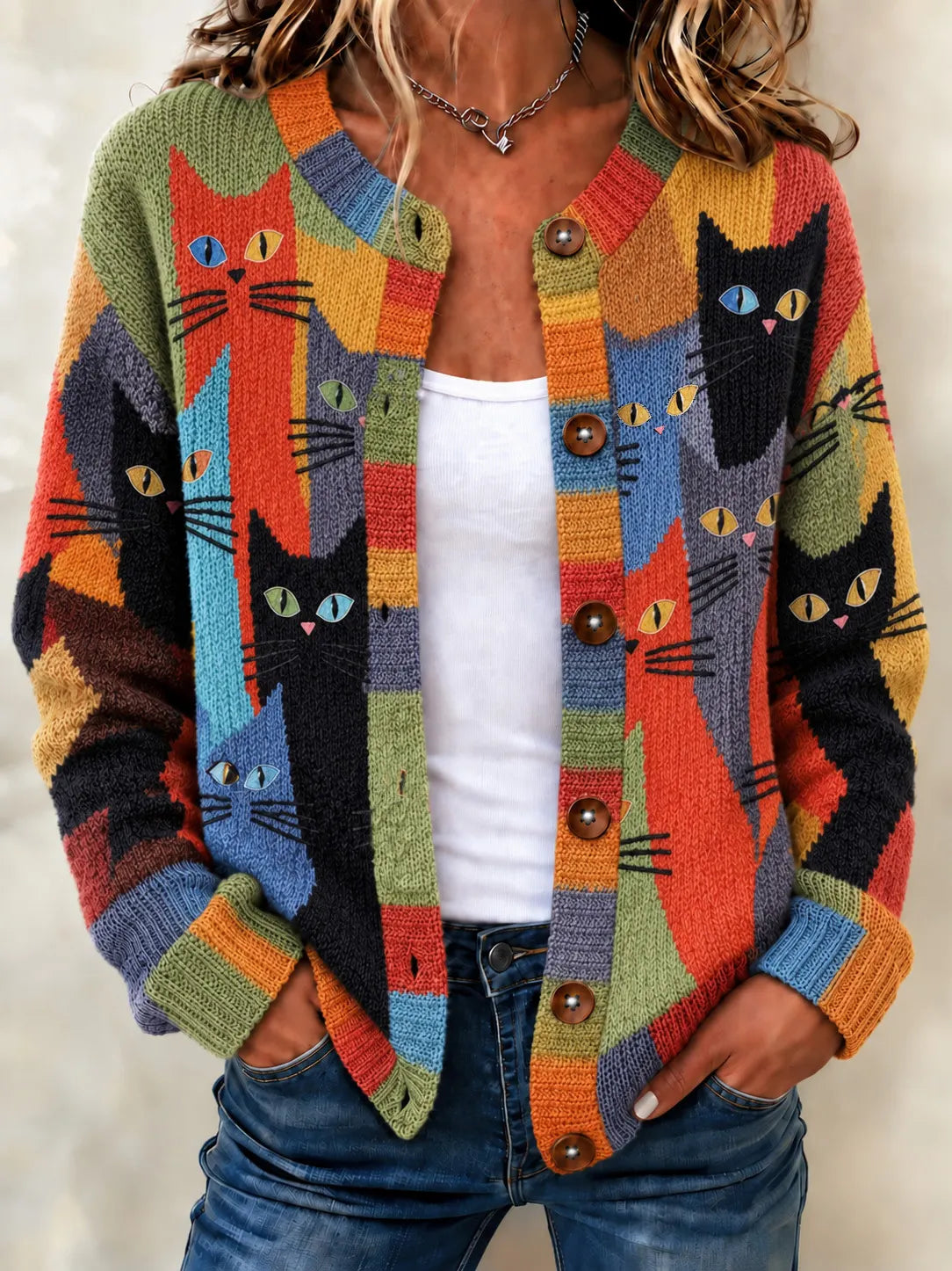 Women's Abstract Art Colorful Cat Pattern Art Casual Knit Cardigan