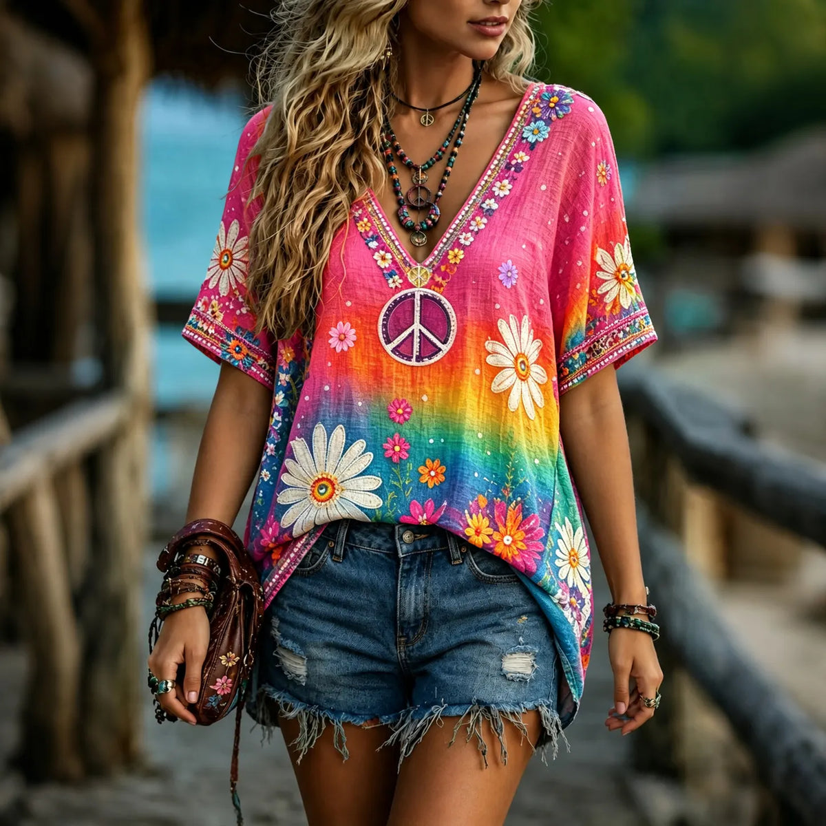 Women's Vintage Hippie Floral Gradient Art Linen Blend Short Sleeve Tops