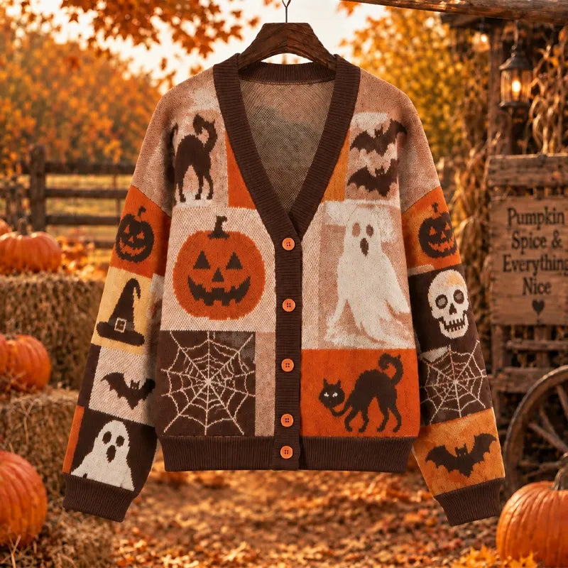 Women's Halloween-themed Patchwork Sweater Cardigan With Pumpkins And Ghosts