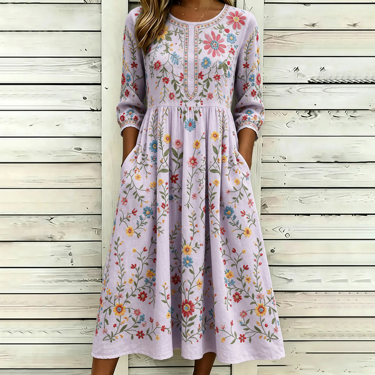 Women's Vintage Floral Pattern Art Embroidered Linen Blend Dress
