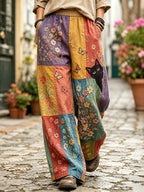 Women's Hippie Vintage Lovely Cat In Patchwork Art Linen Casual Pants