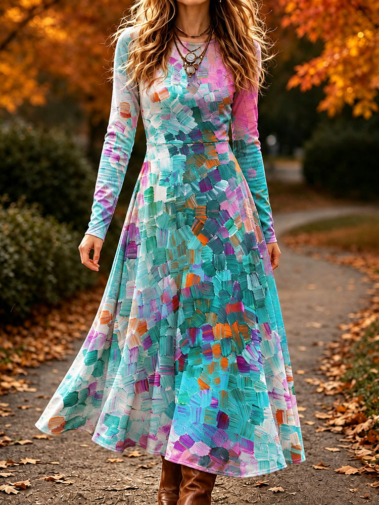 Women's Retro Abstract Geometric Print Crew Neck Long Sleeve Maxi Dress