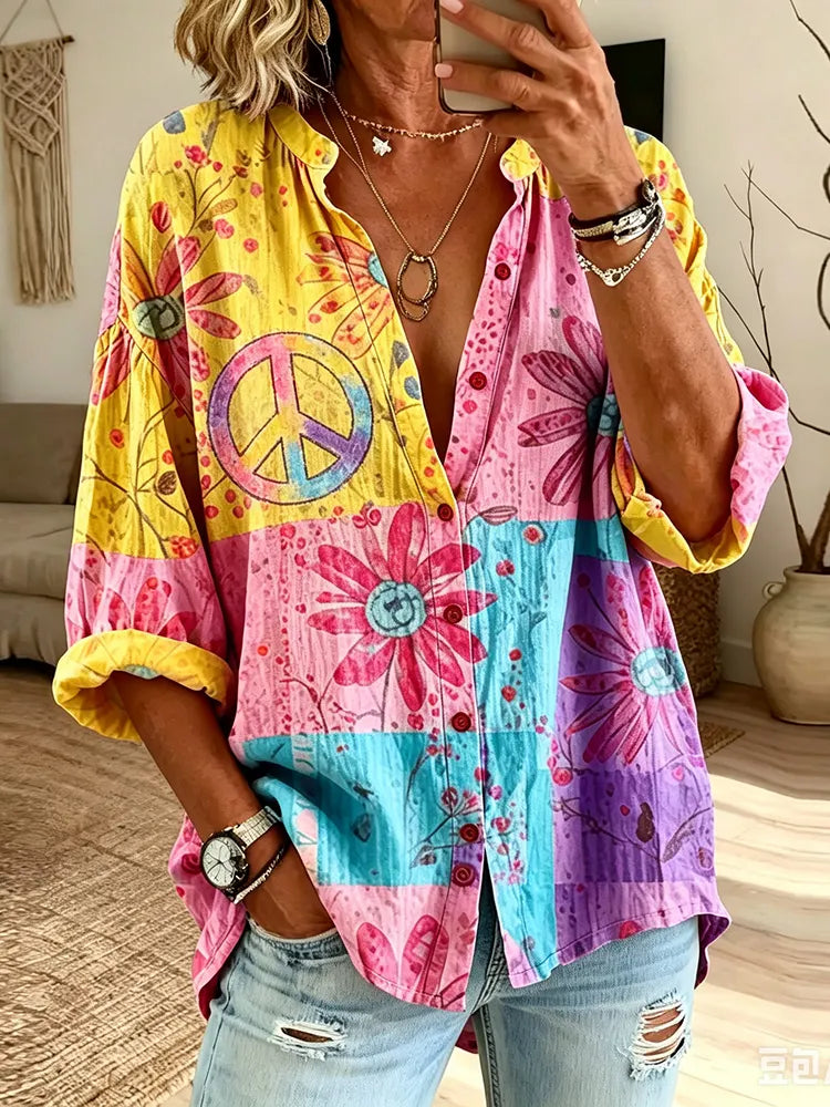 Women's Floral Hippie Vibes Art Print Flowy Linen Blend  Linen Tops