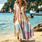Women's Retro Floral Color Blocking Art Flowy Linen Blend Casual Long Sleeve Maxi Dress