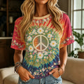 Women's Retro Tie-dye Peace Symbol Floral Pattern Casual T-shirt
