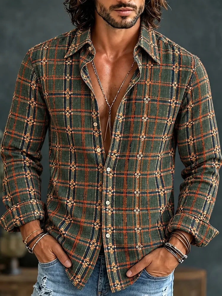Men's Floral Plaid Print Long Sleeve Shirt