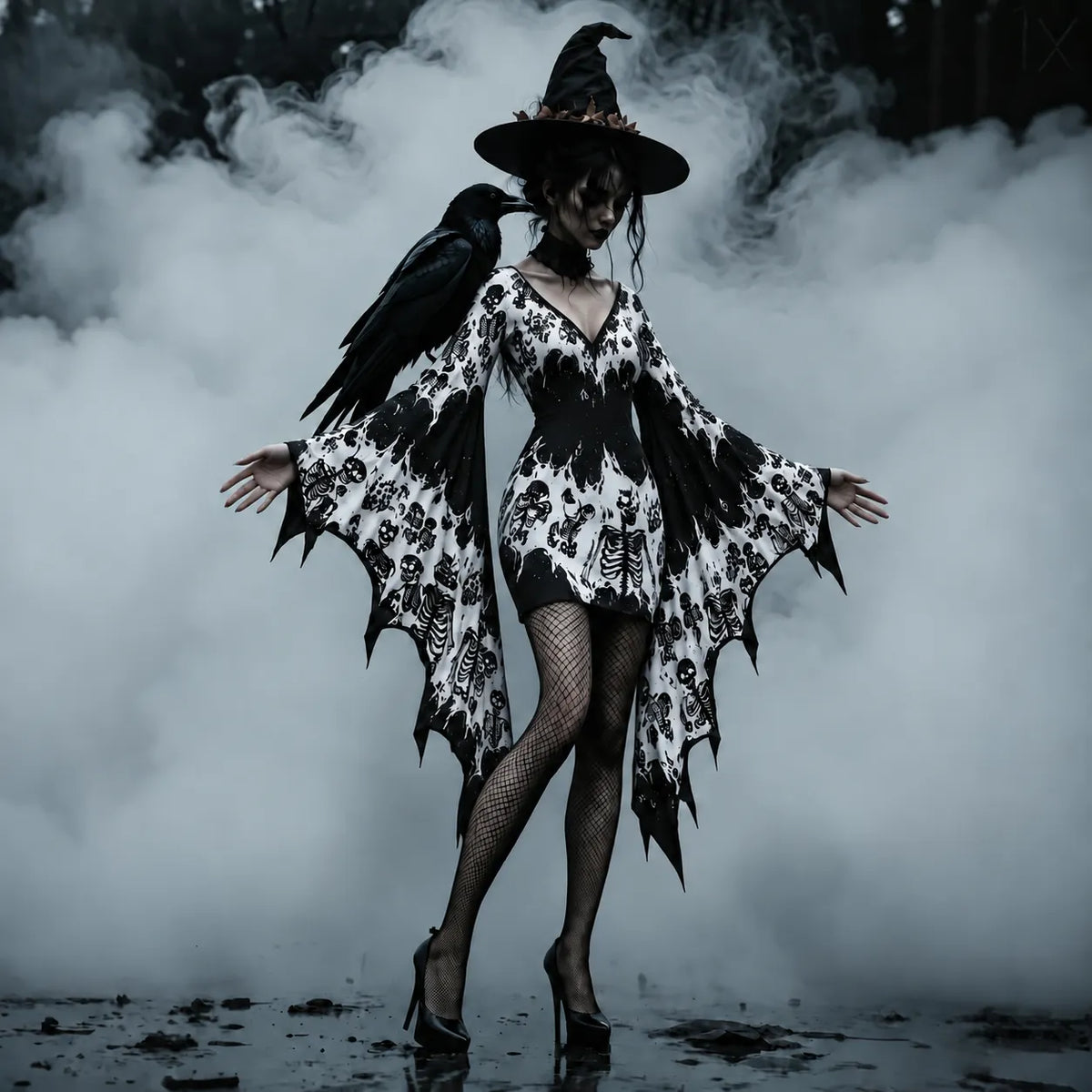 Women's Gothic Skeleton Print Batwing Flare Sleeve V Neck Bodycon Dress – Halloween Costume