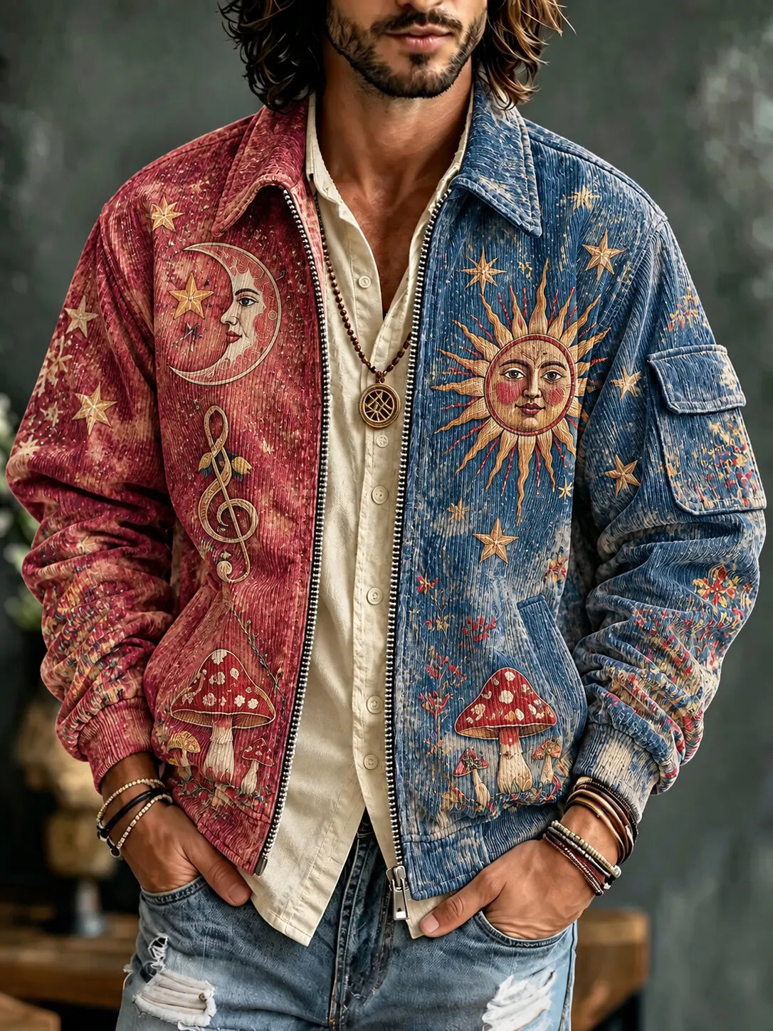Men's Hippie Sun Moon Stars Treble Clef And Fairy Mushrooms Pattern Corduroy Jacket