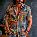 Men's Vintage Celestial Moon Cat Patchwork Boho Print Short Sleeve Buttons Shirt