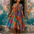 Women's Retro Multicolor Block Art Print Linen V-neck Short Sleeve Long Dress