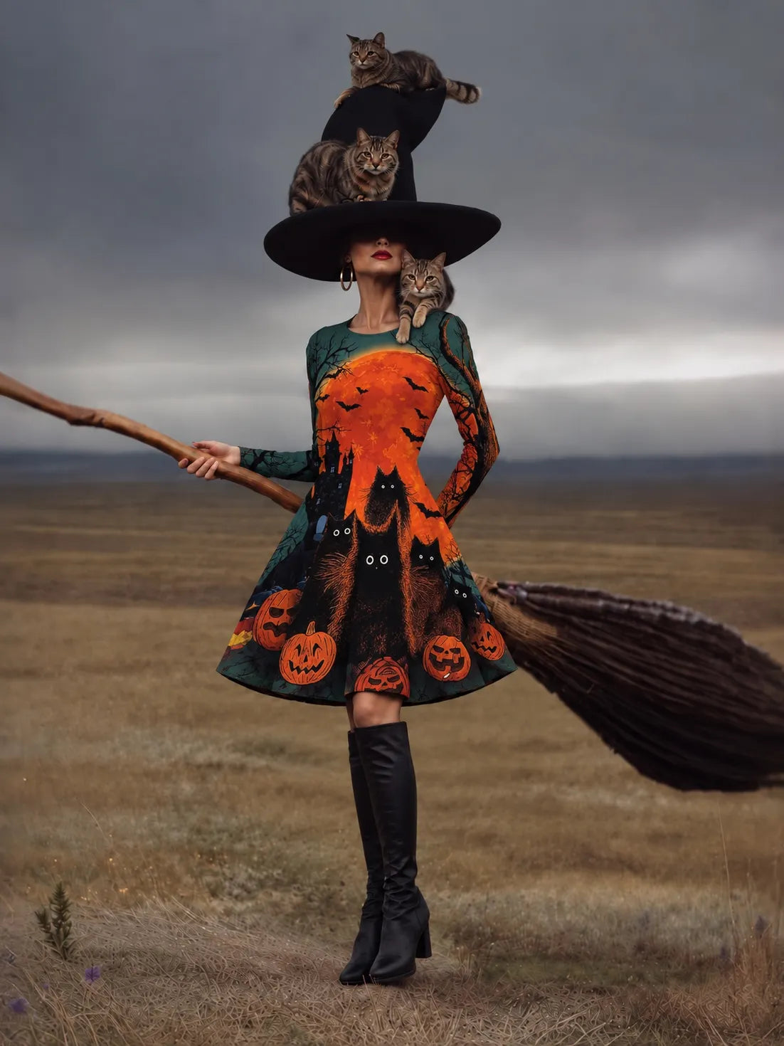 Women's Gothic Halloween Print Long Sleeve Dress – Halloween Costume