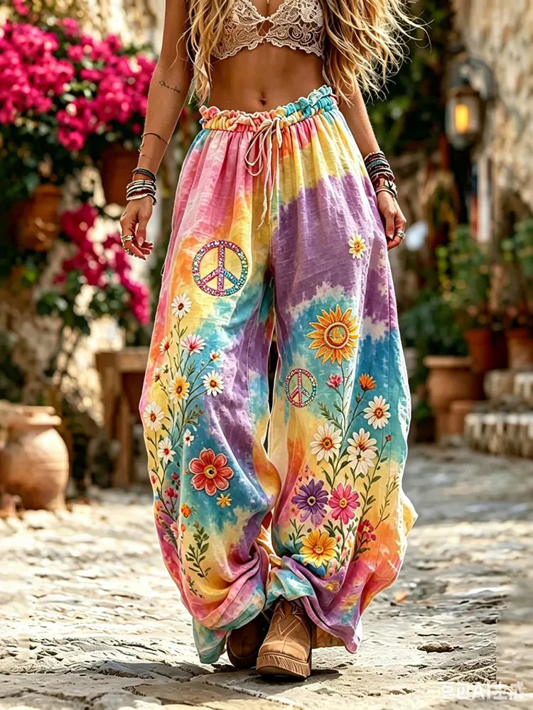Women's Hippie Floral Pattern Art Printed Linen Blend Pants