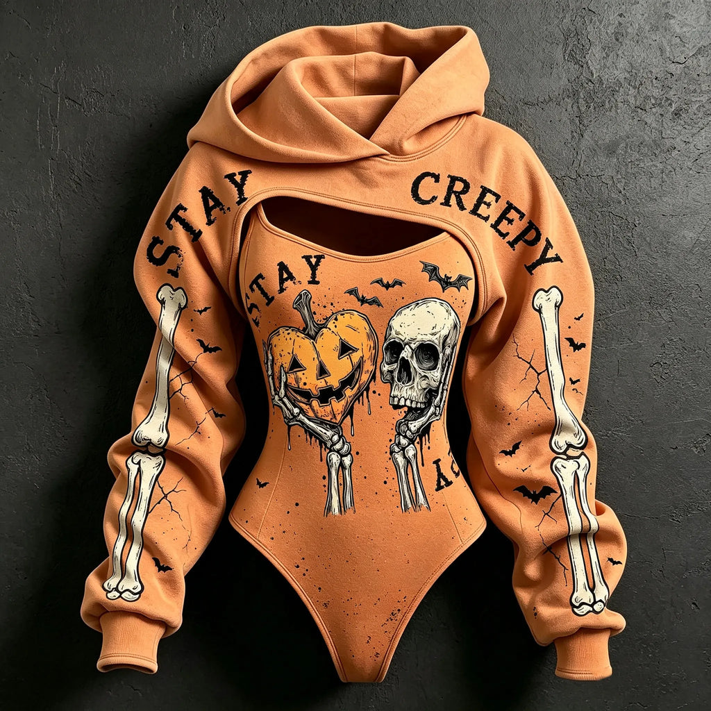 Women's Retro Halloween Skull Pumpkin Stay Creepy Print Sweatshirt Two-piece Set