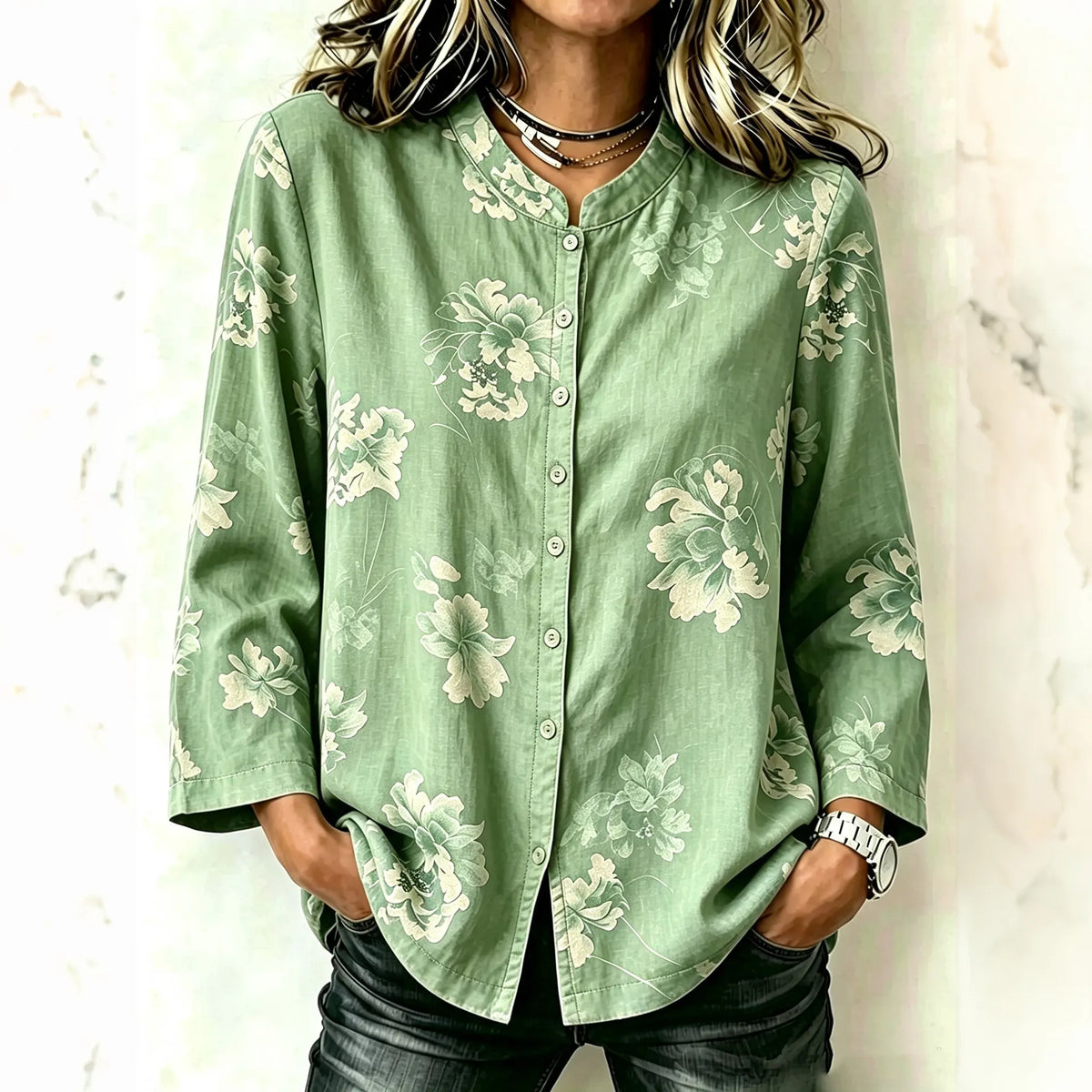 Women's Retro Floral Print Stand Collar Long Sleeve Shirt