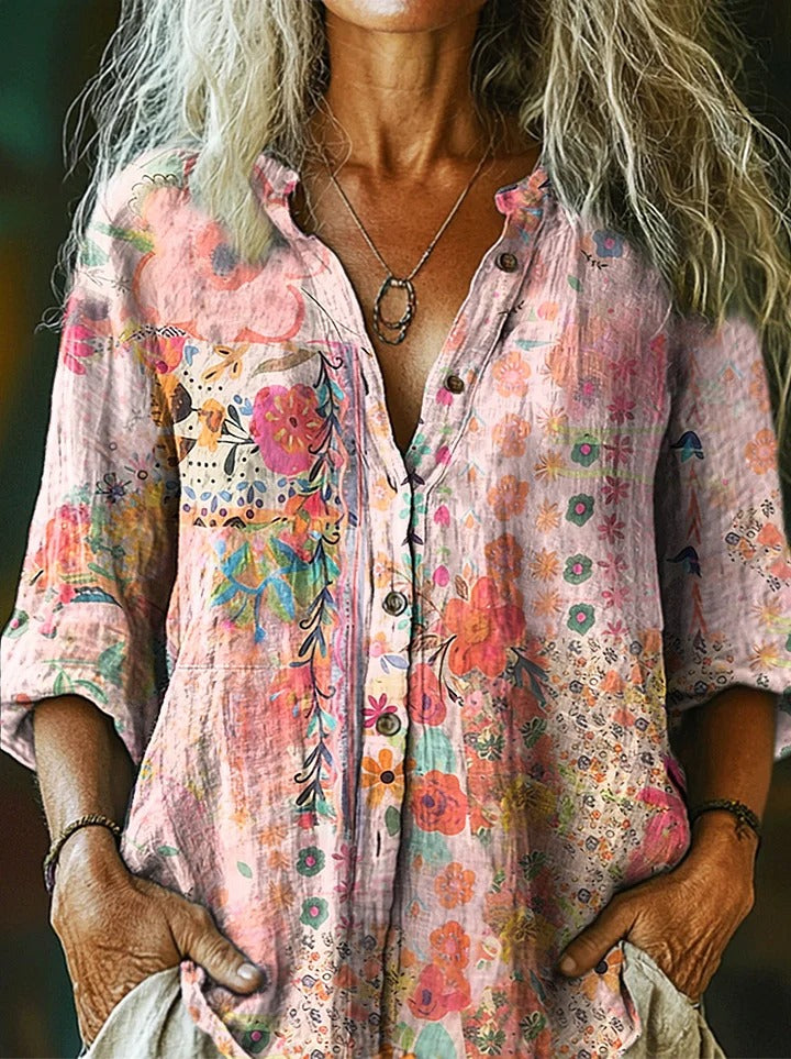 Women's Vintage Watercolor Flower Collage Art Print Casual And Linen Shirt