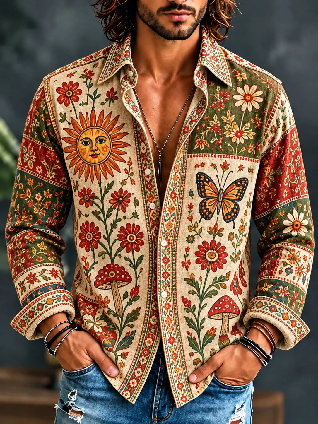 Men's Hippie Smiling Sun Butterfly Mushroom Wildflower Print Long Sleeve Shirt