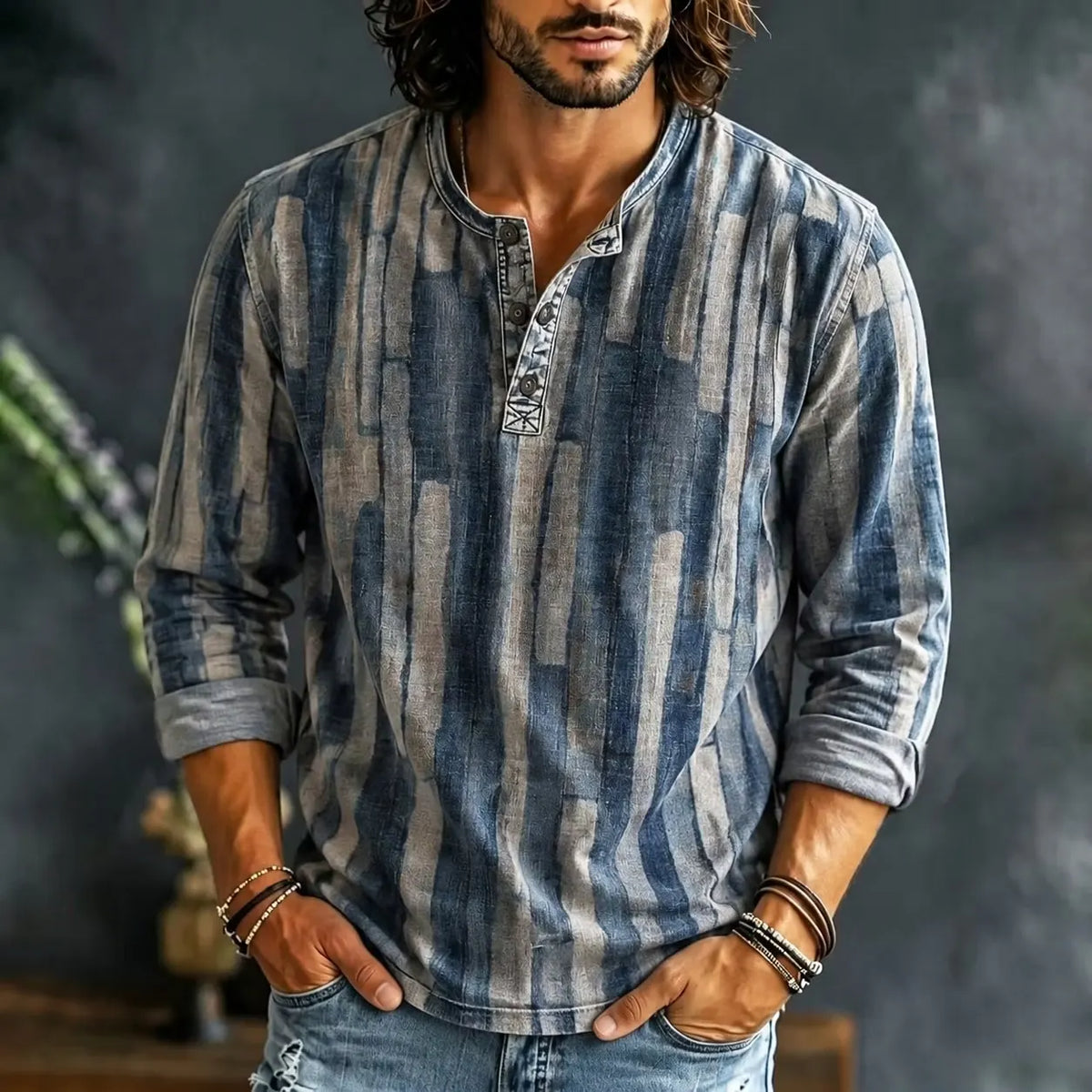 Men's Geometric Art Vertical Stripe Print Henry Collar Long Sleeve T-Shirt