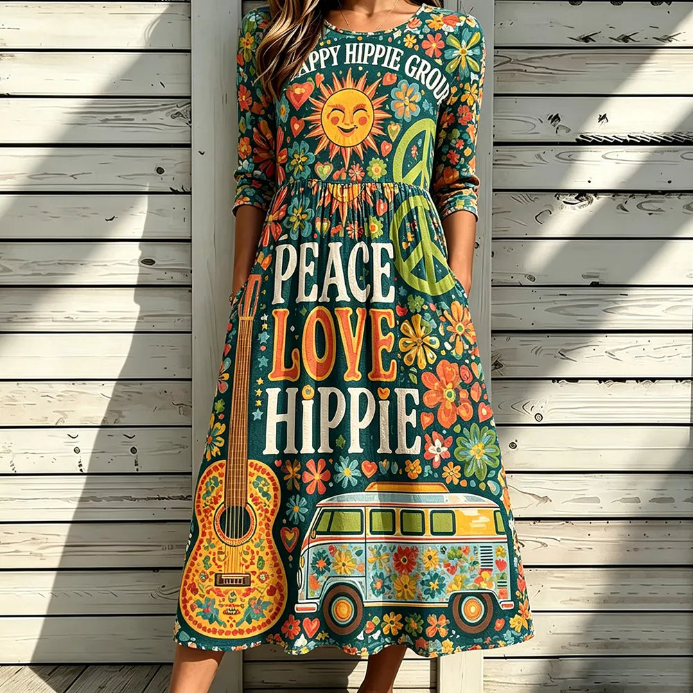 Women's Retro Hippie Midi Dress - "peace Love Hippie" Typography, Smiling Sun, Acoustic Guitar And Vintage Camper Van Print Dress