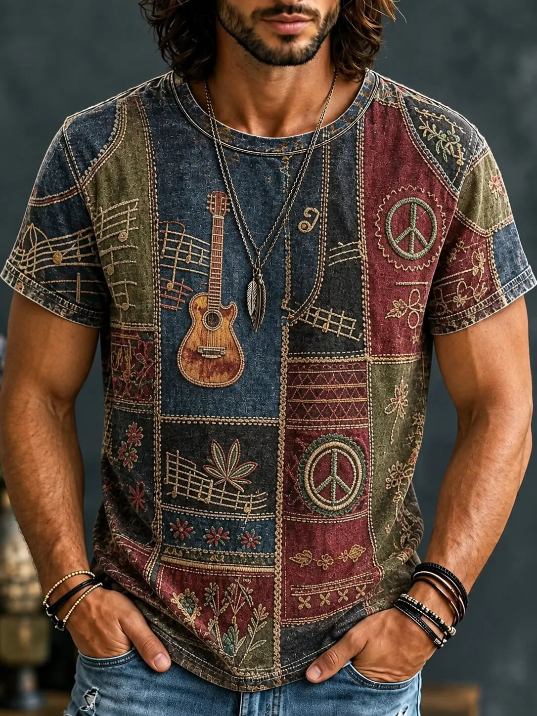 Men's Hippie Patchwork Art Print Crew Neck Short Sleeve T-Shirt